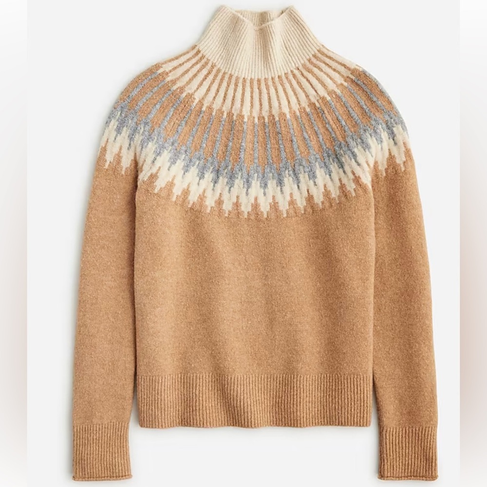 J. CREW Sz Large Fair Isle Mock Neck Sweater Supersoft Yarn Wool Camel Blue EUC - Picture 3 of 11